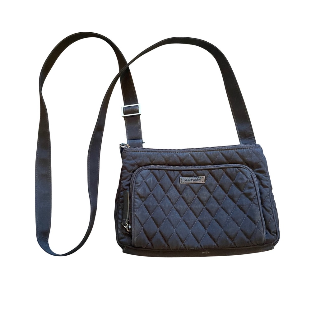 Vera Bradley Black Quilted Crossbody Purse Wallet 10x6x2 Leather Strap polkadot